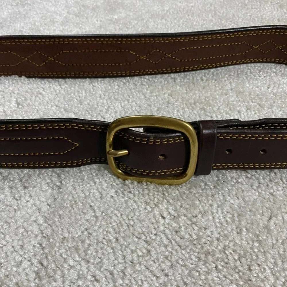 Green Hill Collection Mens Brown Leather Belt Brass Buckle XL Stitched Thick